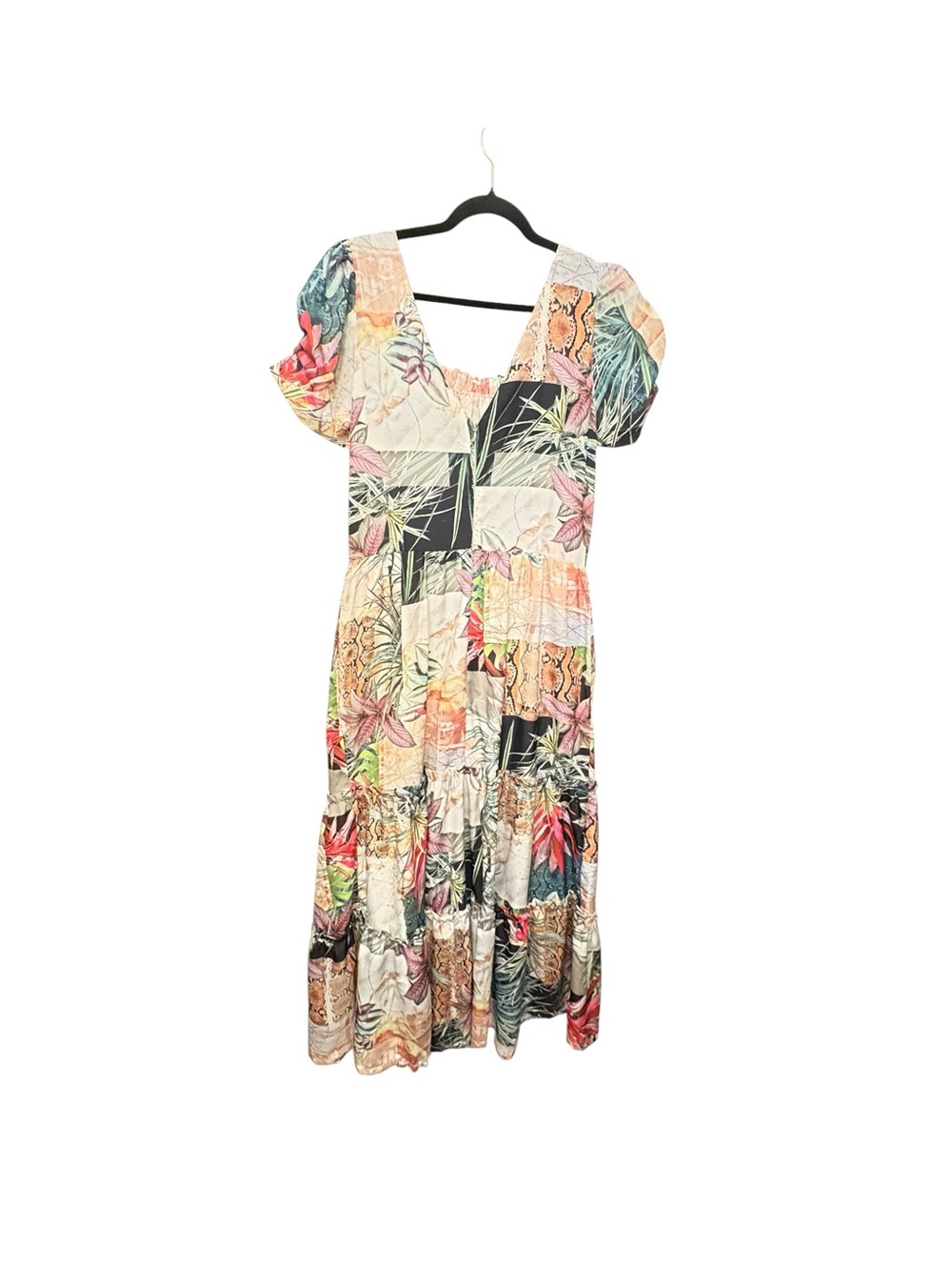 Adress Patchwork Mixed Pattern Tiered Ruffle Hem Cinched Sleeve Maxi Dress sz XL - Picture 10 of 11